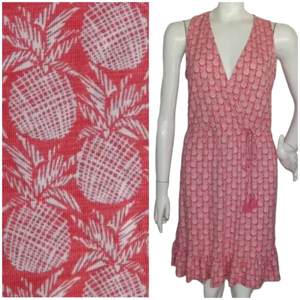 TOMMY BAHAMA Dress, S, Coral Red Pineapple print, Sleeveless, V-neck, Cotton